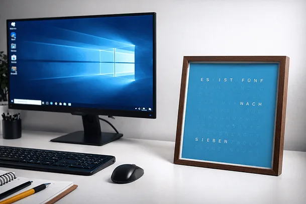 Digital picture frame with biberClock placed on a desk next to a monitor.